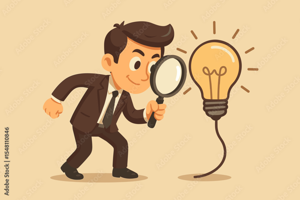 Businessman Analyzing Idea with Magnifying Glass. Concept of Problem-Solving, Root Cause Analysis, Solution Search, Innovation, Creative Thinking, Business Insight, Vector Cartoon Illustration Businessman Analyzing Idea with Magnifying Glass. Concept of Problem-Solving, Root Cause Analysis, Solution Search, Innovation, Creative Thinking, Business Insight, Vector Cartoon Illustration