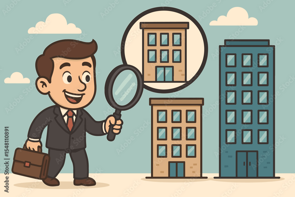 Businessman with a magnifying glass choosing a new office building. Concept of real estate investment for company growth and expansion. Vector cartoon character searching for property. Businessman with a magnifying glass choosing a new office building. Concept of real estate investment for company growth and expansion. Vector cartoon character searching for property.