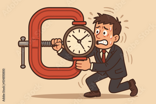Anxious businessman under pressure trying to stop time. Employee squeezes clock in a clamp. Metaphor for deadline, time management, work stress, burnout and urgency. Vector.