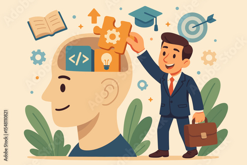 Professional development concept. Businessman puts knowledge puzzle piece in head. Metaphor for upskilling, career growth, training, new abilities and job improvement.