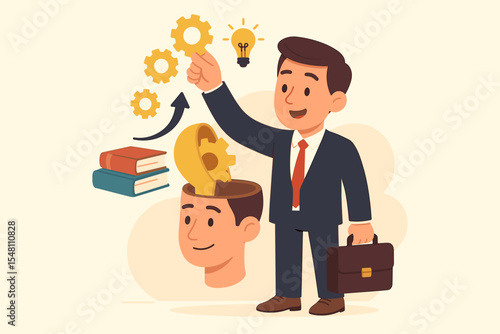 Businessman upgrading working skills concept. Metaphor for personal growth, knowledge, and self-improvement. Man adding new abilities and ideas to his mindset for career development.