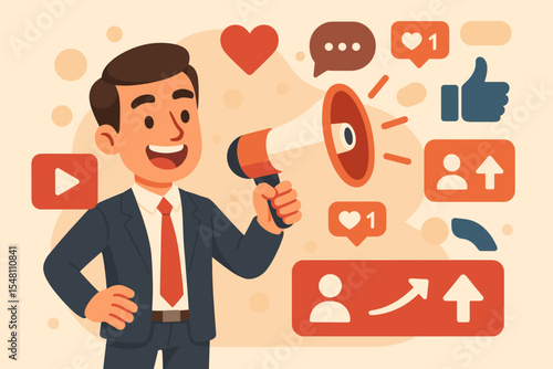 Social media marketing concept. Businessman with a megaphone for digital promotion and advertising. SMM strategy for increasing followers, likes, and getting audience engagement.