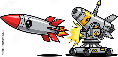 Cute Cartoon Rocket Launching Against a Missile Defense System