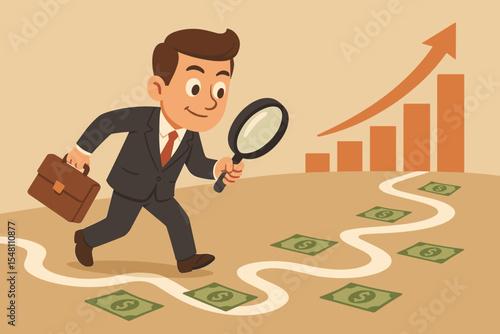 Businessman using magnifying glass to track money trail, navigating path to financial success and company growth. Corporate strategy, investment.