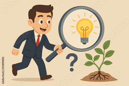 Root cause analysis concept. Businessman with magnifying glass finds an idea lightbulb in plant roots. Metaphor for problem solving, business solution, innovation and growth.
