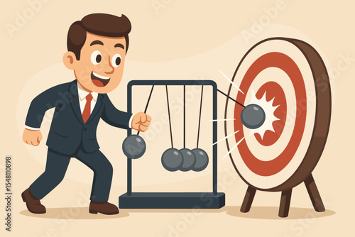Businessman using Newton's cradle to hit a target, a business metaphor for strategy, cause and effect, making an impact, and achieving goals with focused effort and precision.