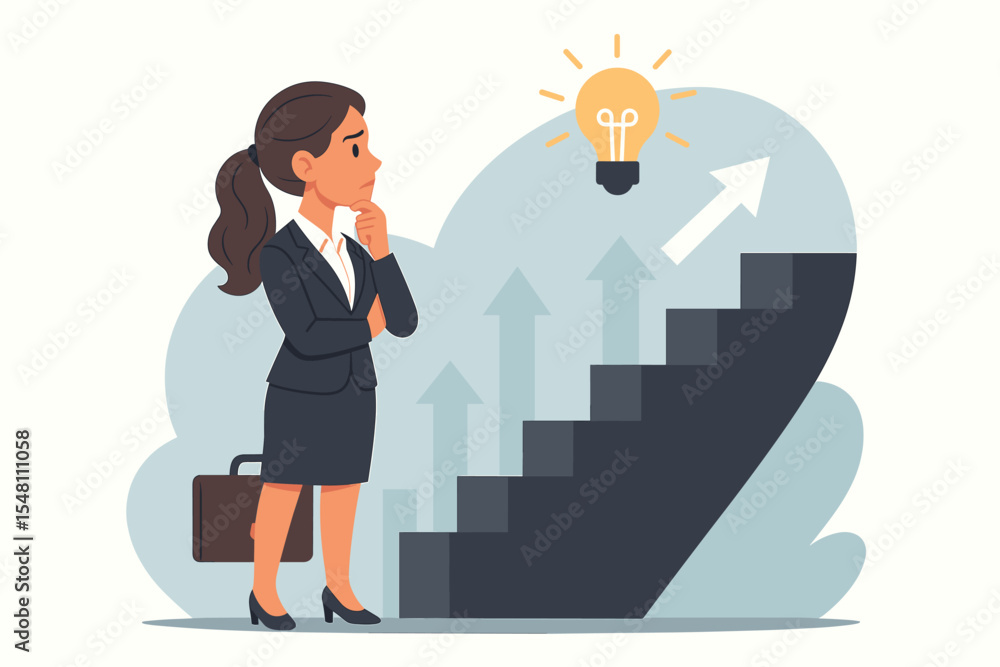 Obraz premium Businesswoman decision making career growth concept. Female executive contemplating next step on success staircase with arrows upward, light bulb idea, business strategy, leadership, opportunity.