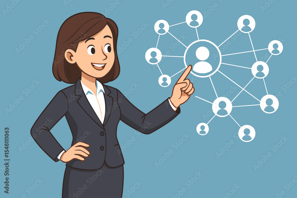 Businesswoman in suit interacting with virtual social network, business connections, customer communication, human resources, digital marketing, leadership, team management, vector illustration Businesswoman in suit interacting with virtual social network, business connections, customer communication, human resources, digital marketing, leadership, team management, vector illustration