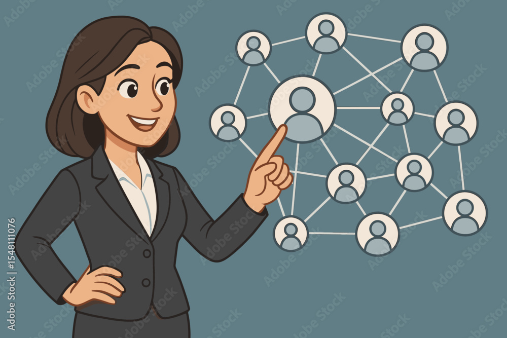 Cartoon businesswoman in suit interacting with virtual social network interface, connecting user icons for team management, corporate communication, digital networking, leadership concept illustration Cartoon businesswoman in suit interacting with virtual social network interface, connecting user icons for team management, corporate communication, digital networking, leadership concept illustration