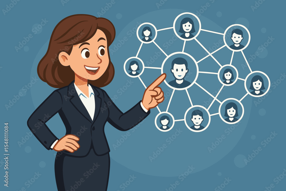 Businesswoman connecting with virtual social network, team, or customer icons. Leadership, business communication, HR, management skills, professional network concept. Vector illustration. Businesswoman connecting with virtual social network, team, or customer icons. Leadership, business communication, HR, management skills, professional network concept. Vector illustration.