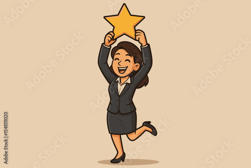 Businesswoman celebrating corporate success holding a golden star award above her head jumping in joy, symbolizing achievement, recognition, victory, hard work, career advancement, excellence vector