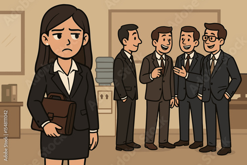 Businesswoman Standing Alone Facing Gender Discrimination and Inequality in Male Dominated Corporate Office. Workplace Diversity, Isolation, Sexism Concept. Cartoon Vector Illustration