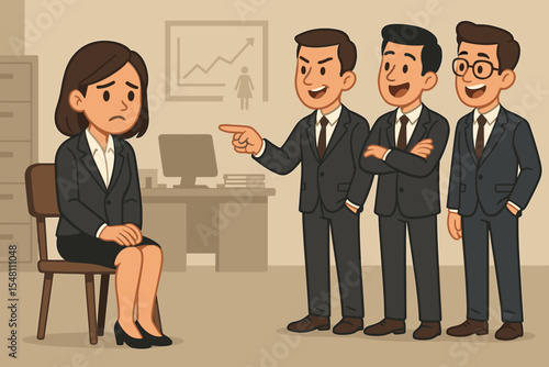 Gender inequality, workplace discrimination, sexism, harassment, businesswoman isolated, male-dominated office, unfair treatment, corporate bullying, unequal opportunity, cartoon vector illustration
