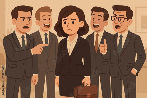 Businesswoman in Male-Dominated Office Facing Gender Discrimination and Inequality, Corporate Teamwork, Leadership Challenge, Workplace Diversity, Vector Cartoon Illustration
