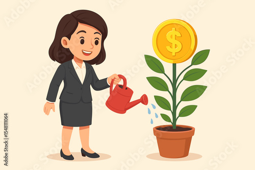 Businesswoman investor watering money plant in flower pot. Financial growth investment wealth management savings concept. Cartoon vector illustration economic success metaphor prosperity