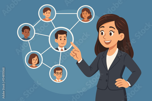 Businesswoman presenting social network connections. Teamwork, leadership, communication, human resources, employee management, organizational chart, business networking, corporate strategy concept
