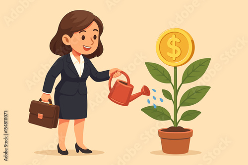 Businesswoman Investor Watering Money Plant, Financial Growth Investment Strategy, Wealth Management, Economic Success, Profitable Business Concept, Cartoon Vector Illustration