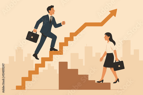 Gender Inequality in Career Advancement, Businessman and Businesswoman on Unequal Career Paths, Corporate Ladder, Gender Discrimination, Workplace Opportunity Gap, Vector Concept Illustration