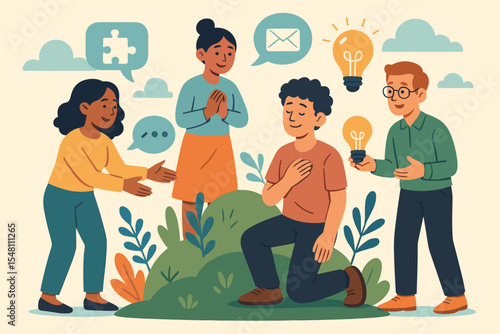 Diverse Team Collaboration Concept. People Sharing Ideas, Discussing Solutions, Offering Feedback, Embracing Different Perspectives. Humility, Open-Mindedness, Support. Cartoon Vector Illustration
