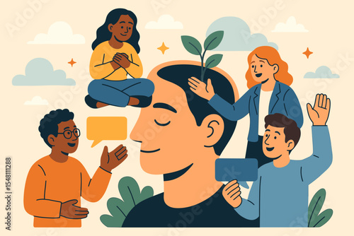 Embracing Diversity and Open-Mindedness Concept. Group Communication, Feedback, Mindfulness, Growth, Respectful Dialogue, Humility, Listening, Personal Development. Vector Cartoon Illustration
