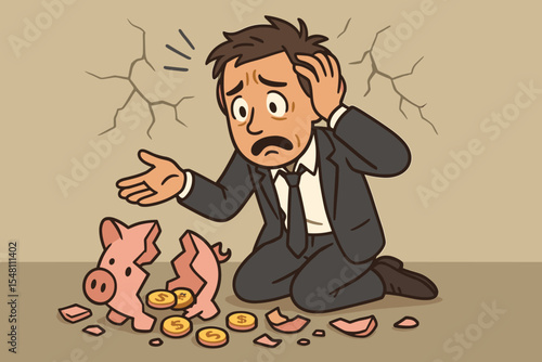 Desperate businessman in suit kneeling with broken piggy bank and scattered coins, symbolizing financial crisis, bankruptcy, debt stress, money loss, economic hardship, personal finance failure