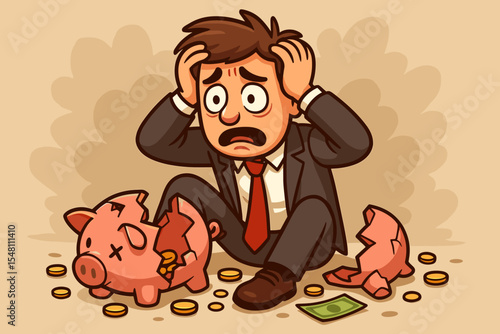 Stressed businessman clutching head with broken piggy bank, lost savings, financial crisis, bankruptcy risk, debt, money loss, economic hardship, cartoon vector illustration, no text
