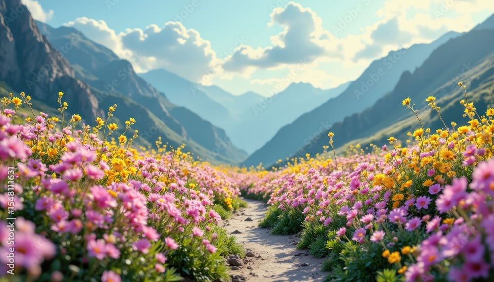 Fototapeta premium Vibrant flower pathway in majestic mountains nature photography scenic landscape daytime tranquil atmosphere