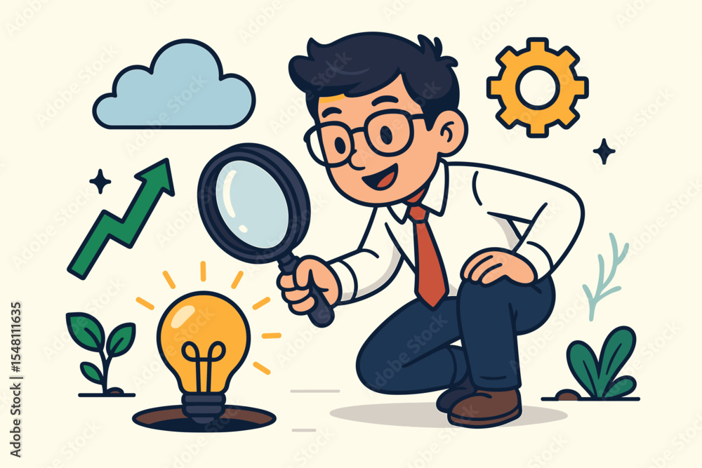 Businessman Analyzing Innovative Ideas with Magnifying Glass. Cartoon Vector Concept of Discovering Opportunities, Creative Solutions, Innovation, Growth, Brainstorming, Light Bulb Inspiration Businessman Analyzing Innovative Ideas with Magnifying Glass. Cartoon Vector Concept of Discovering Opportunities, Creative Solutions, Innovation, Growth, Brainstorming, Light Bulb Inspiration