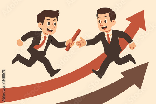 Business relay baton passing teamwork concept. Two businessmen running on upward arrows symbolizing corporate growth and partnership success in business competition race. Vector cartoon illustration.