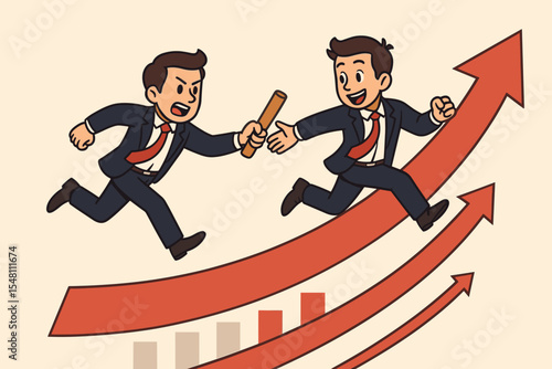Teamwork relay race between two businessmen passing baton on rising arrow. Business growth, leadership succession, corporate partnership, success, progress, cooperation. Vector illustration