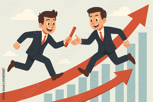 Corporate teamwork relay race concept with two businessmen passing baton on rising arrow over bar graph growth chart. Business success, leadership, collaboration, performance, cartoon illustration