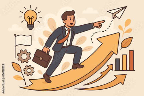 Businessman embracing change and innovation, navigating new strategies for growth and success, rising arrows, idea light bulb, paper plane, gears, and progress bar vector cartoon illustration