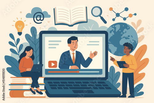 Online Education and E-Learning Concept. Virtual Classroom, Distance Learning, Business Webinar Training, Internet Knowledge Base, Digital Teaching Resources, Global Remote Study Vector Illustration