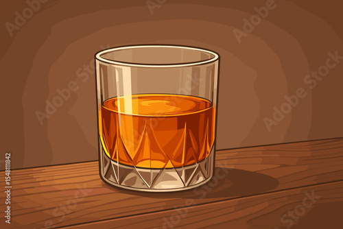 Realistic whiskey glass with amber liquor on wooden table. Vector illustration. Classic tumbler, elegant drink, bar scene, vintage style, cozy atmosphere. Alcohol beverage concept, no text space.