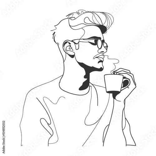 Minimalist One Line Drawing of Man Drinking Coffee – Modern Male Art Illustration