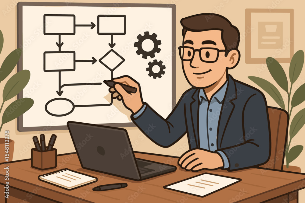 Businessman Planning Workflow Process on Whiteboard, Office Work, Project Management, System Diagram, Strategy Development, Workflow Optimization, Vector Cartoon Illustration Businessman Planning Workflow Process on Whiteboard, Office Work, Project Management, System Diagram, Strategy Development, Workflow Optimization, Vector Cartoon Illustration