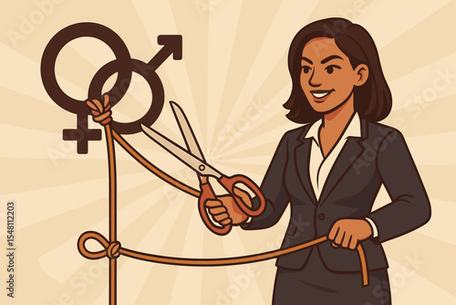 Empowered businesswoman breaking free from gender discrimination, cutting symbolic rope tied to gender symbols, advocating workplace equality, female leadership, gender bias, vector illustration