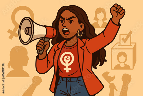 Confident Female Activist With Megaphone Promoting Women’s Rights, Gender Equality, Political Participation, Feminism, Empowerment, Social Justice, Protest, Voting, Vector Cartoon Illustration
