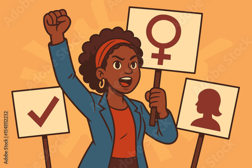 Confident African American Woman Activist Holding Feminist Protest Signs, Advocating Gender Equality, Political Participation, Female Empowerment, Social Justice, Rights Movement, Cartoon Vector