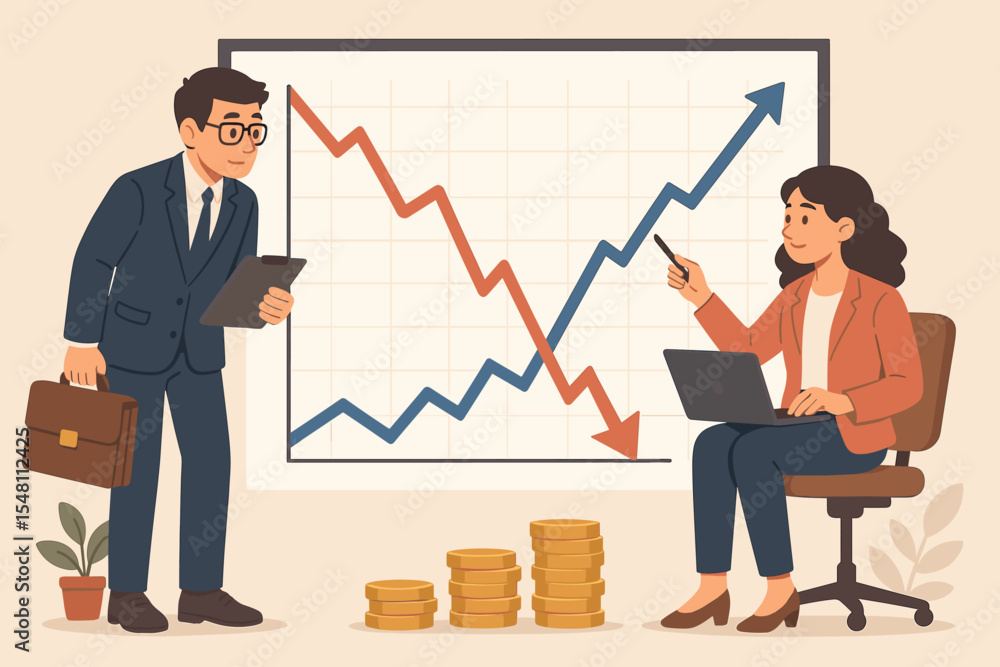 Financial analysts reviewing rising and falling graph, discussing investment strategy, profit growth and crisis, business planning, market analysis, economy forecast, vector cartoon illustration Financial analysts reviewing rising and falling graph, discussing investment strategy, profit growth and crisis, business planning, market analysis, economy forecast, vector cartoon illustration