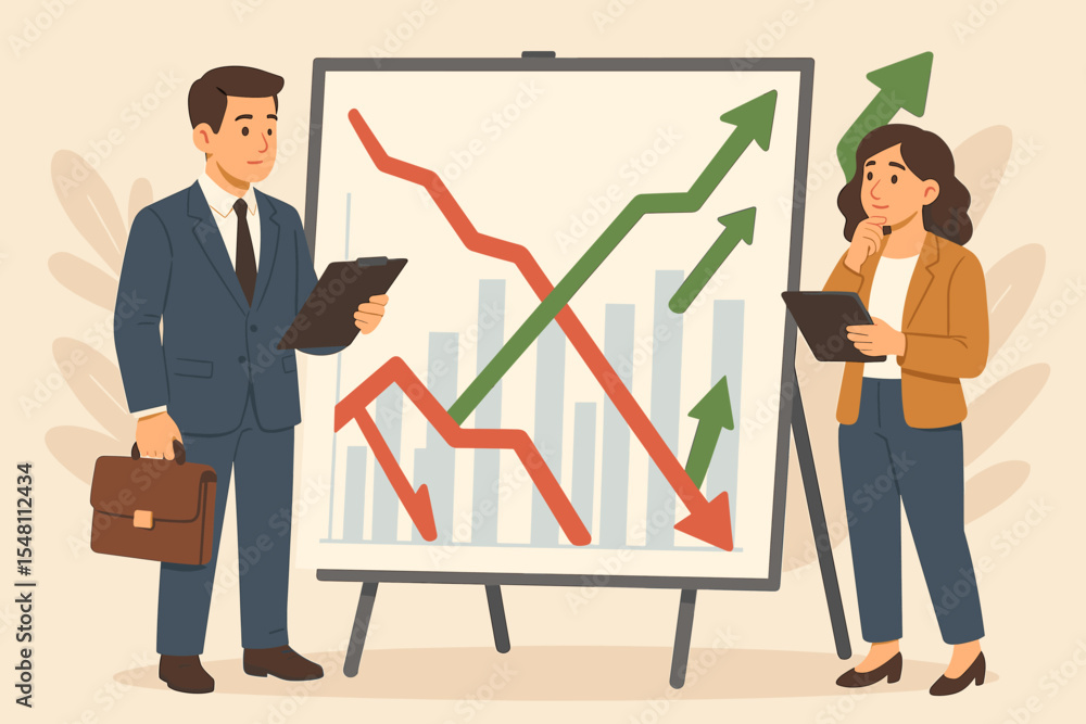 Business analysts evaluating financial crisis and growth trends. Investment strategy presentation with declining and rising stock market graphs, bar chart, teamwork, economics concept vector Business analysts evaluating financial crisis and growth trends. Investment strategy presentation with declining and rising stock market graphs, bar chart, teamwork, economics concept vector