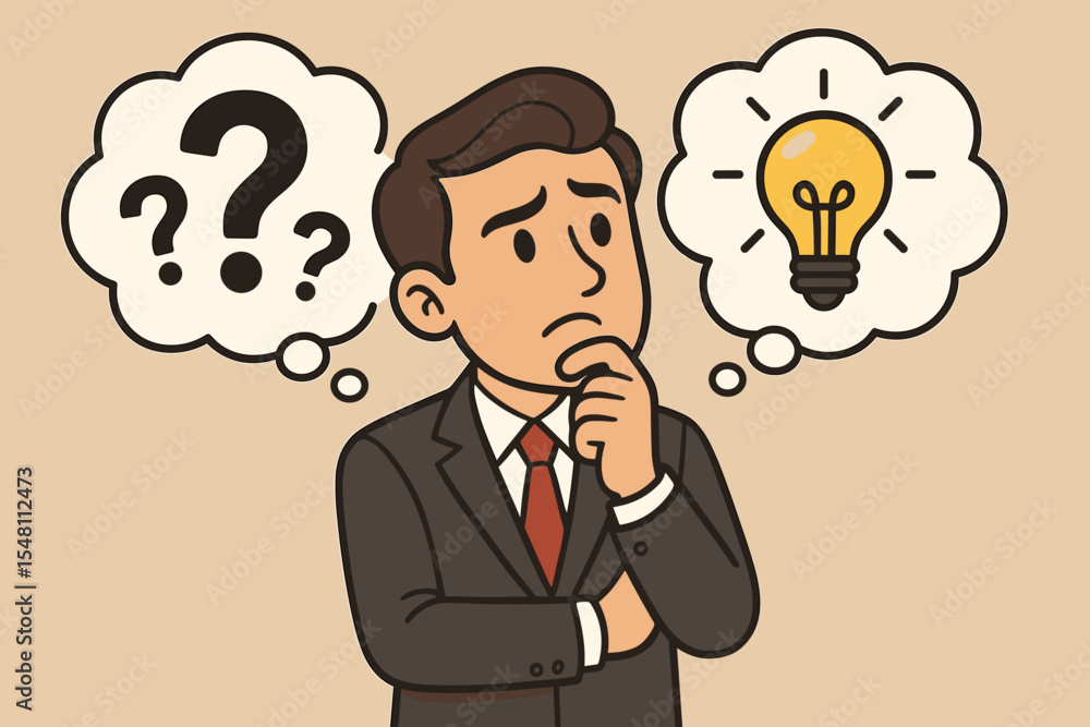 Businessman thinking, finding a solution. Man with question marks and lightbulb idea in thought bubbles. Problem solving, creativity, and innovation business concept vector cartoon. Businessman thinking, finding a solution. Man with question marks and lightbulb idea in thought bubbles. Problem solving, creativity, and innovation business concept vector cartoon.