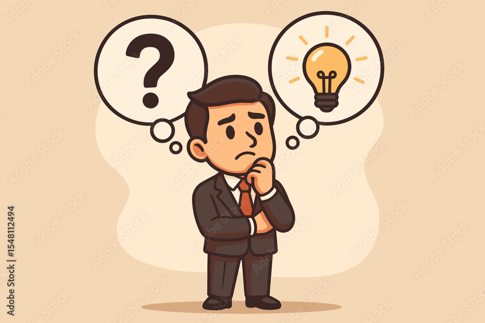 Cartoon businessman pondering solutions, conceptual vector illustration of an office professional thinking with question mark and light bulb thought bubbles for idea generation, decision making Cartoon businessman pondering solutions, conceptual vector illustration of an office professional thinking with question mark and light bulb thought bubbles for idea generation, decision making