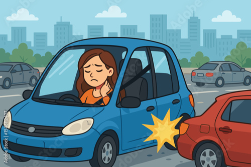 Whiplash injury woman driver accident cartoon, neck pain after rear end collision, blue and red cars crash on busy city road, traffic safety, insurance, road accident vector illustration