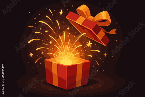 Magical festive gift box bursting with glowing fireworks, sparkling stars, bright golden ribbon, vibrant celebration, joyful surprise, holiday present on elegant dark background, vector illustration