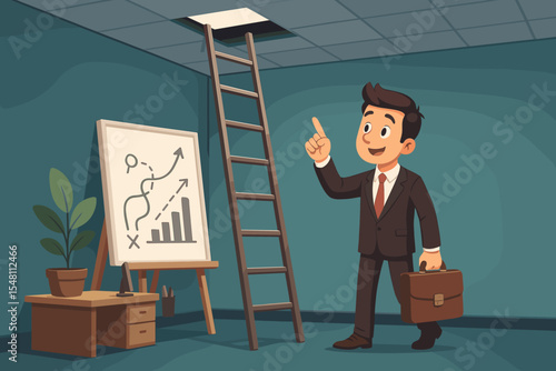 Businessman with a growth strategy plan. Cartoon character finding a creative solution and shortcut to success. Career development and opportunity concept. Climbing the ladder to escape.