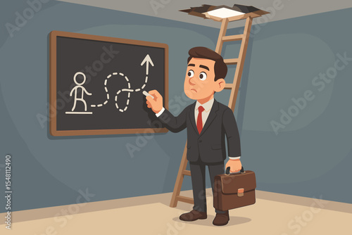Businessman planning escape strategy on a chalkboard. Concept of career growth, challenge and success. Man with ladder finds a way out. Thinking outside the box metaphor.