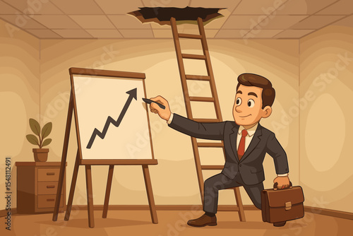 Businessman breaking the ceiling for success. Metaphor for career growth, ambition, strategy, and finding opportunity. Cartoon character climbs ladder and draws upward arrow graph. Vector.