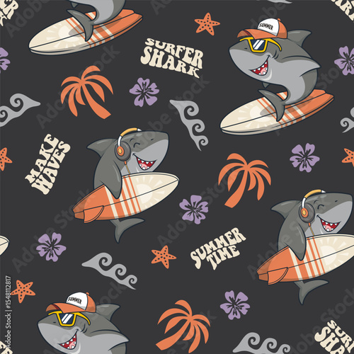 Seamless Pattern Summer Surfing With Surfing Shark, Cartoon Illustration