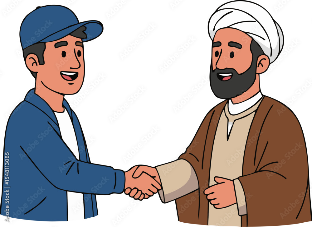 Fototapeta premium Two men shaking hands, one in a cap and the other in a turban